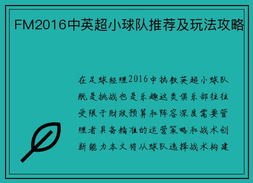 FM2016中英超小球队推荐及玩法攻略