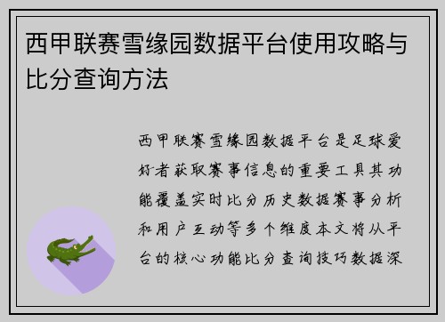 西甲联赛雪缘园数据平台使用攻略与比分查询方法